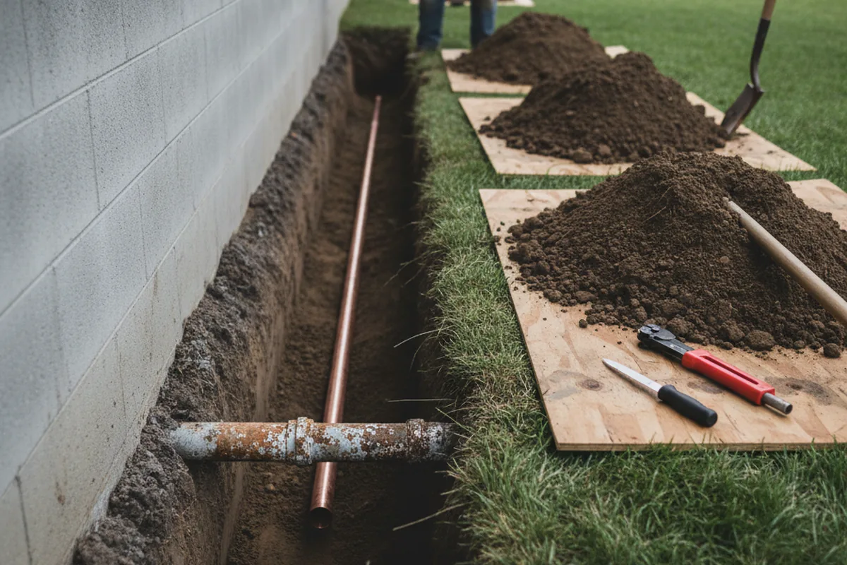 Excavated water line trench during Water Heater Repair in Watertown